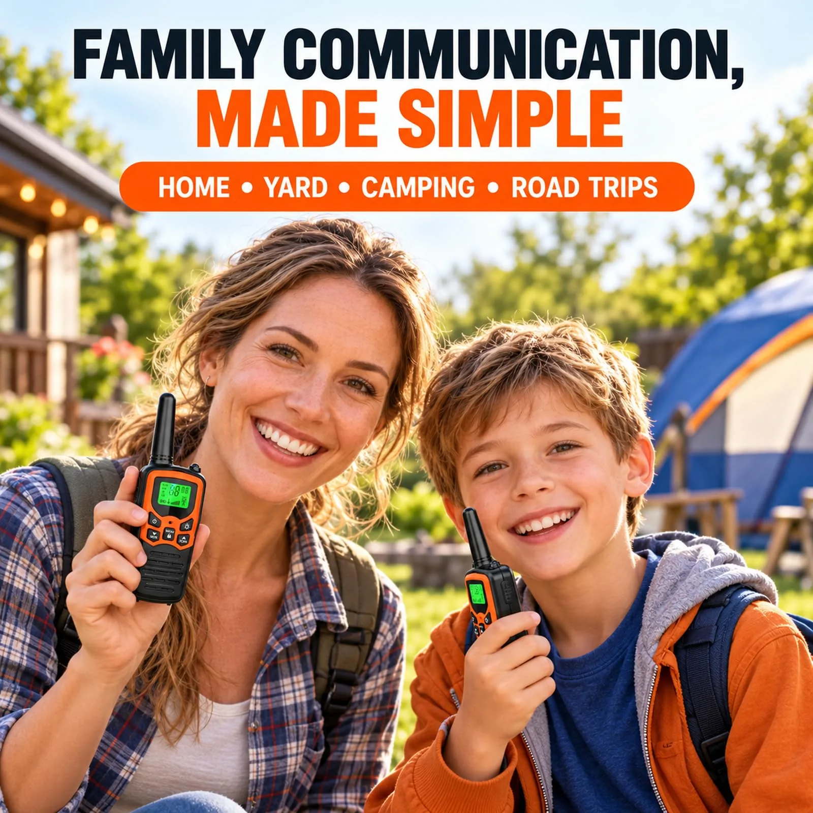 A mother and son smiling outdoors, each holding a MOICO walkie talkie near a camping tent